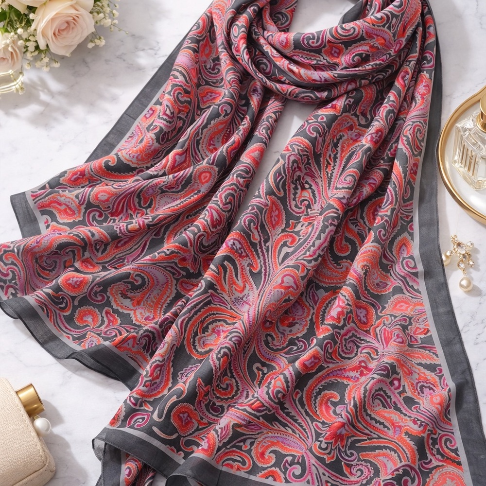 Elegant Paisley Scarf in Gray and Pink